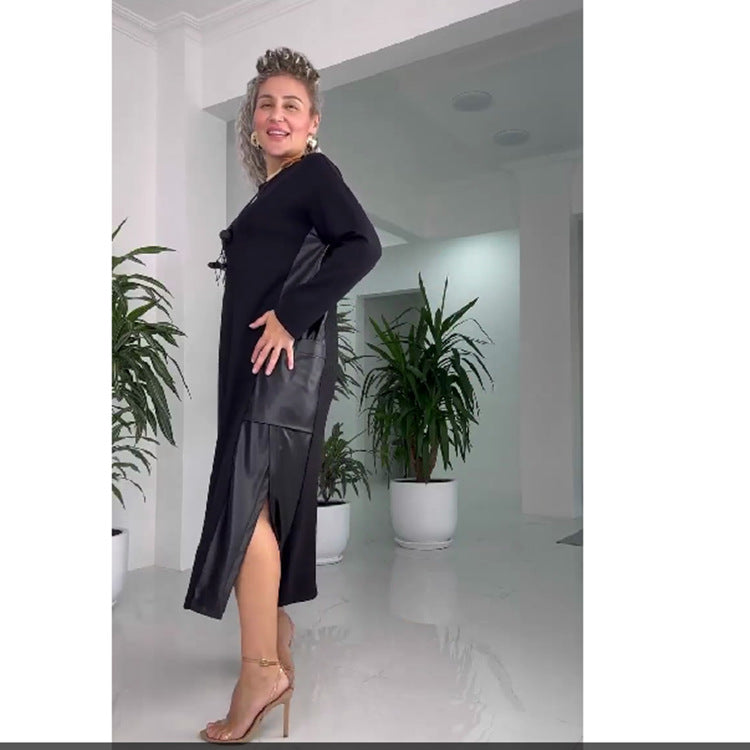 【S-5XL】 Kožené patchworkové podzimní a zimní šaty