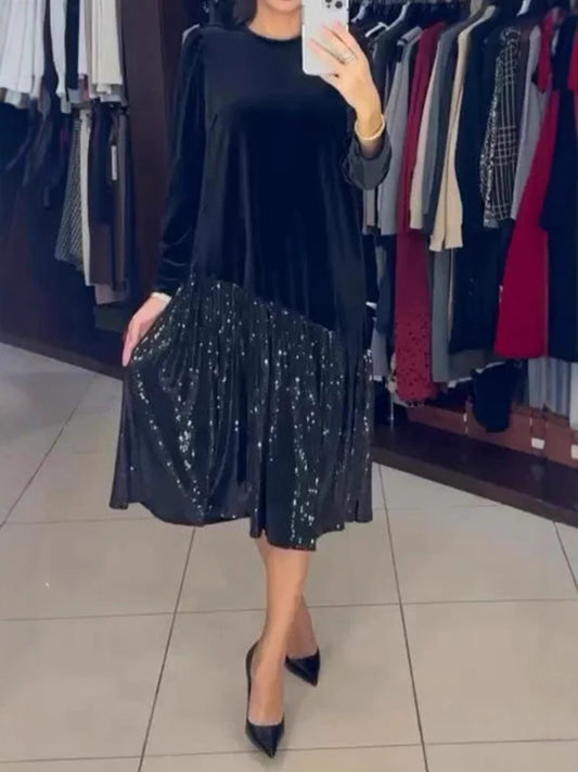 Zimní večerní jednobarevné sametové flitrové šaty