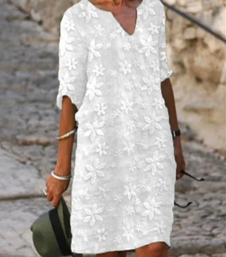 Módní jednobarevné vyšívané šaty s polorukávem do V