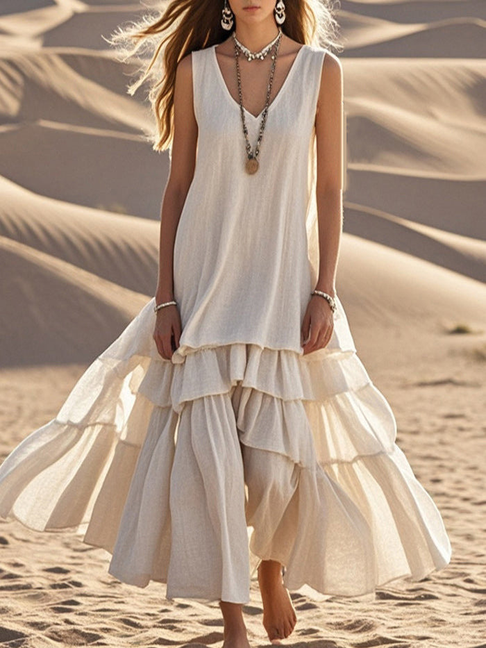 Vintage maxi sukně z bavlny a lnu s výstřihem do V