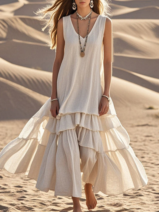 Vintage maxi sukně z bavlny a lnu s výstřihem do V