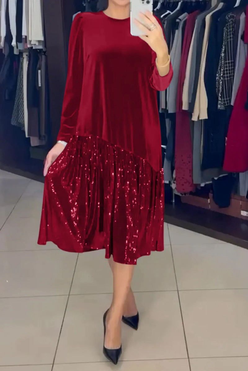 Zimní večerní jednobarevné sametové flitrové šaty