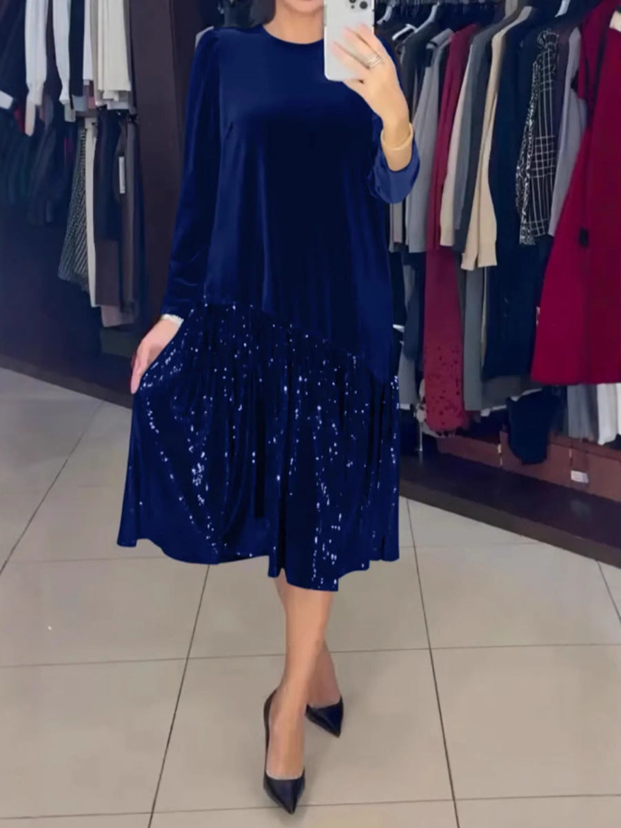 Zimní večerní jednobarevné sametové flitrové šaty