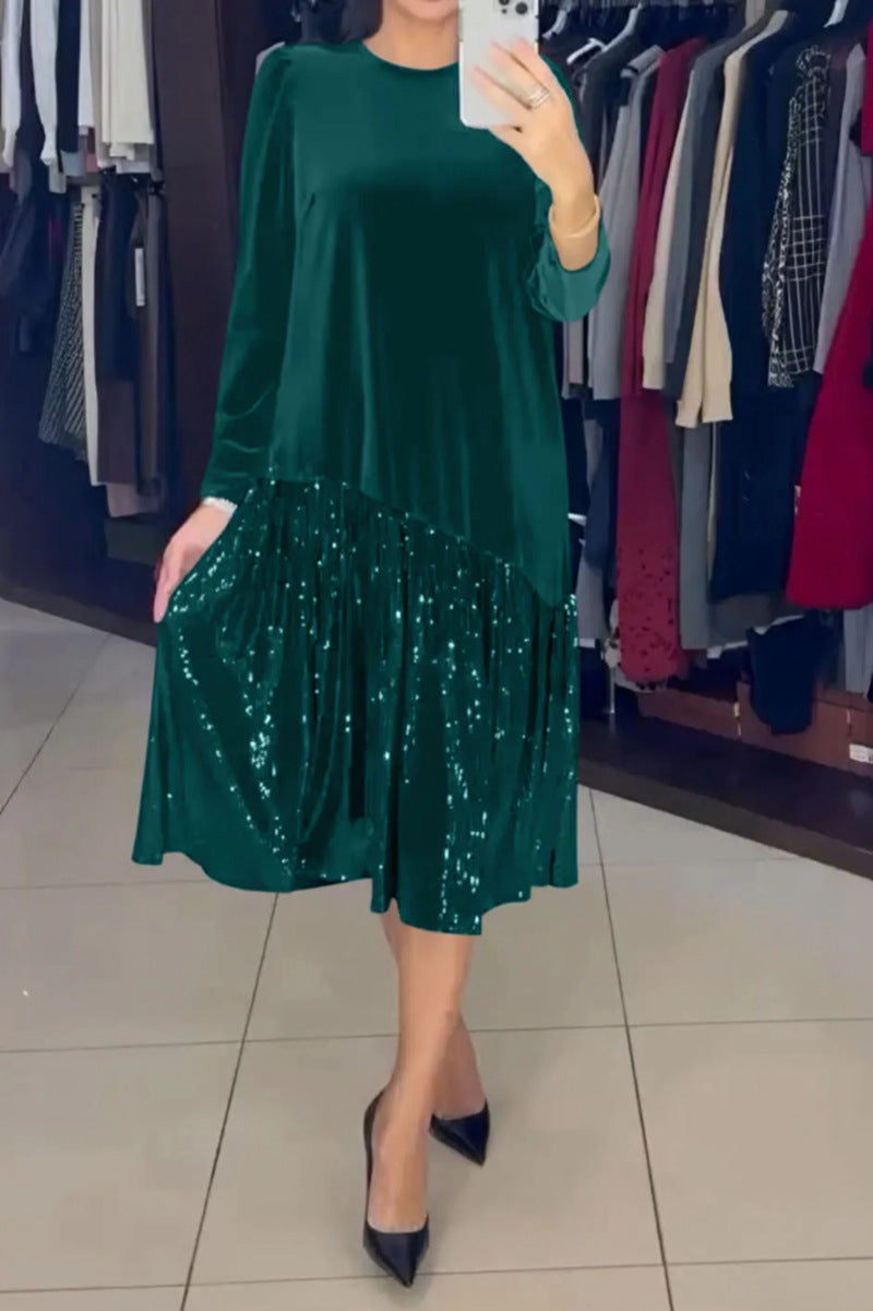 Zimní večerní jednobarevné sametové flitrové šaty