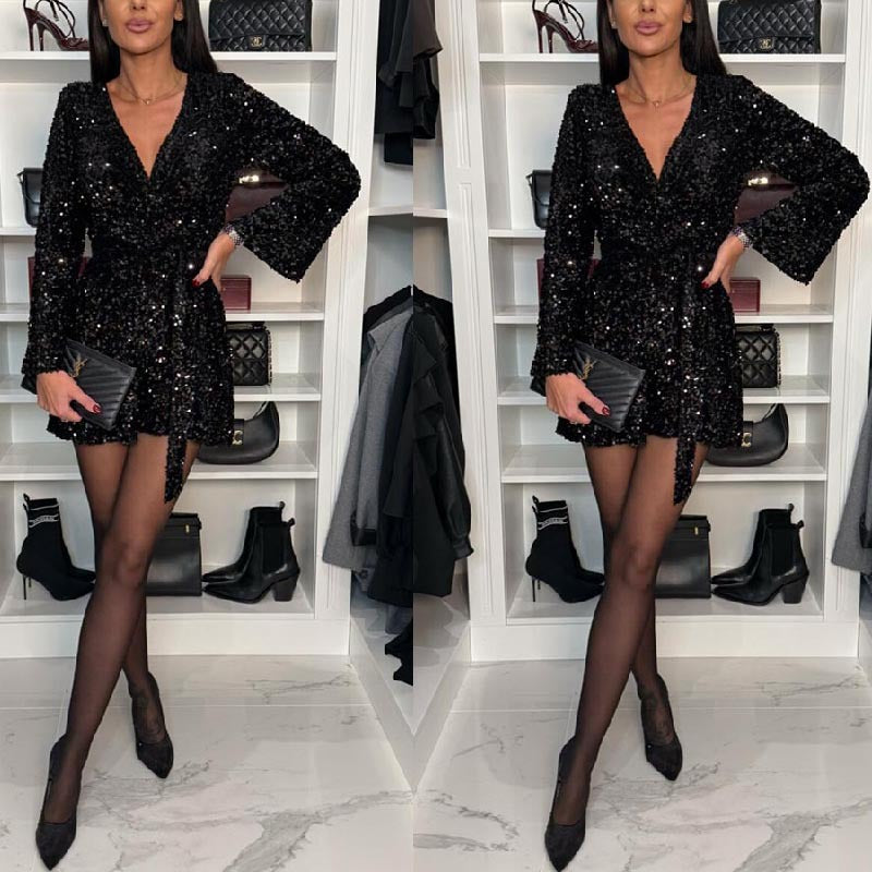 Flitrový overal s dlouhým rukávem a výstřihem do V