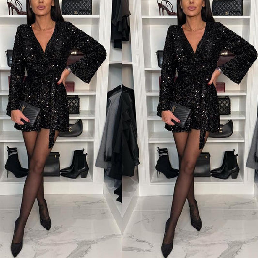 Flitrový overal s dlouhým rukávem a výstřihem do V