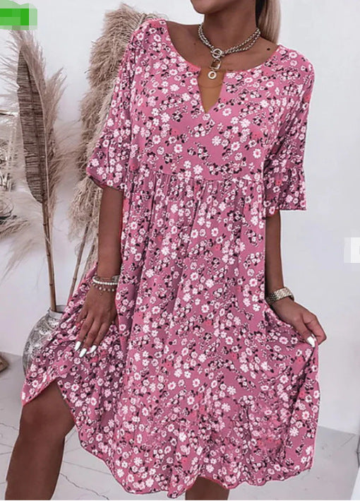 Módní šaty s květinovým potiskem 2023 s výstřihem do V