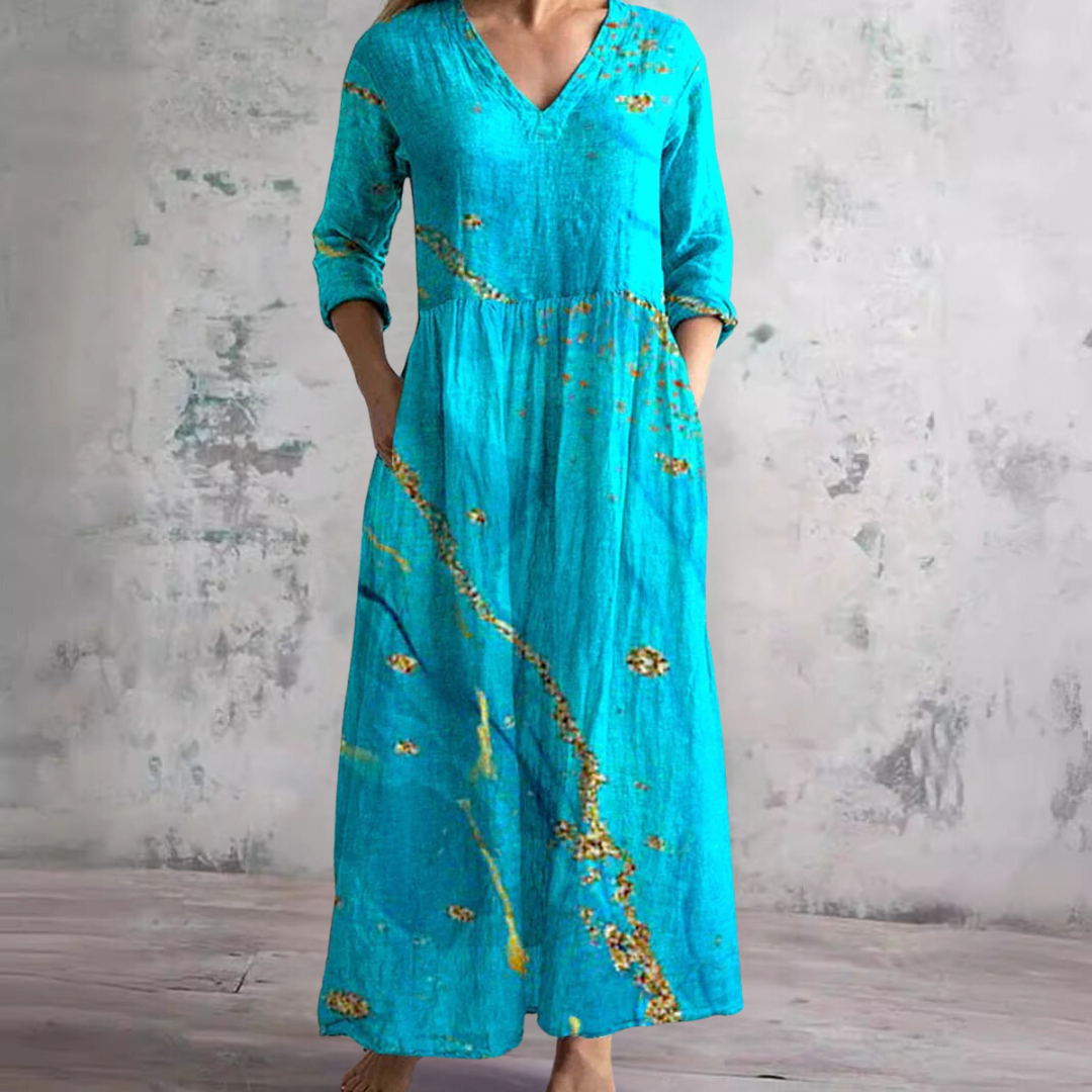 Dámské dlouhé květinové šaty s výstřihem do V a tříčtvrtečními rukávy