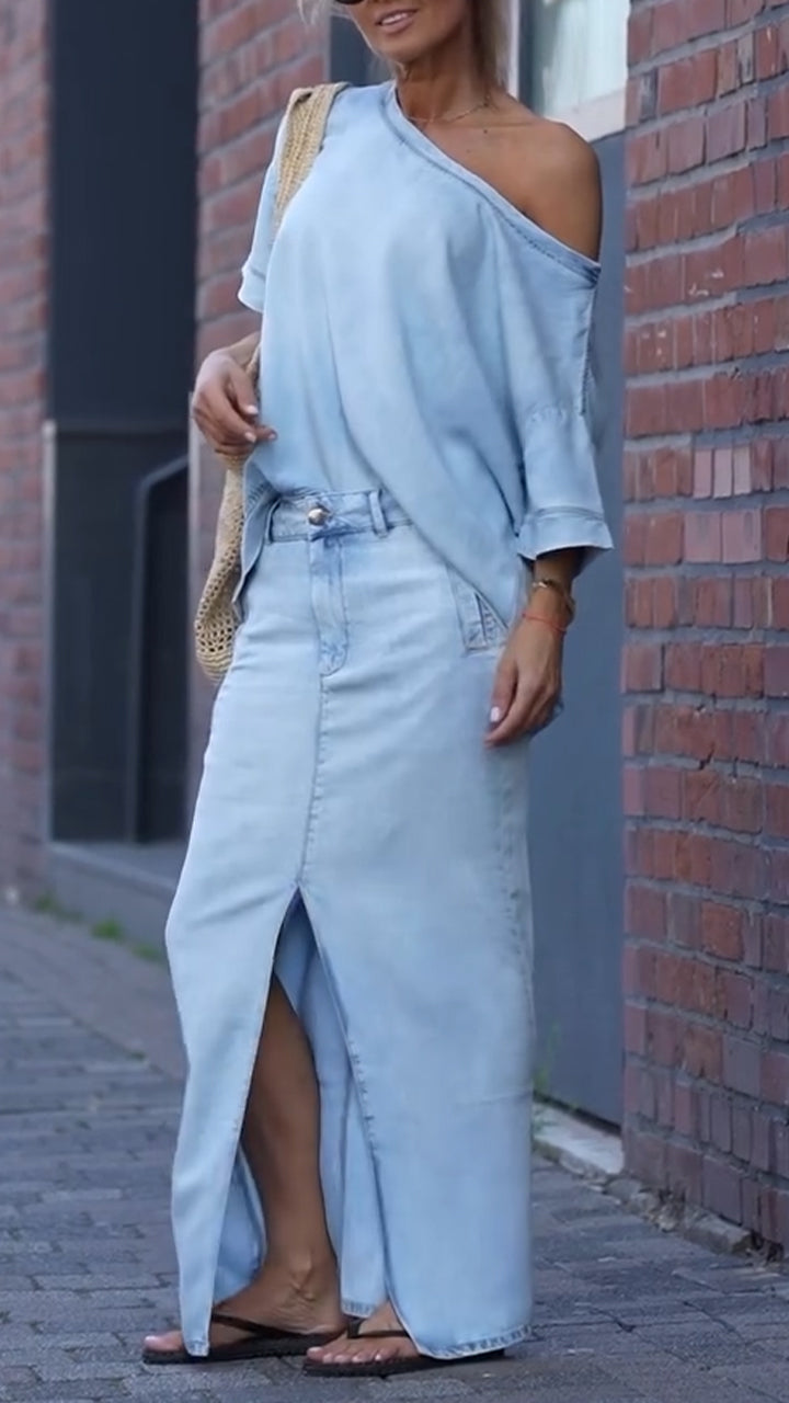 Dámský ležérní džínový oblek z tencelu s kulatým výstřihem