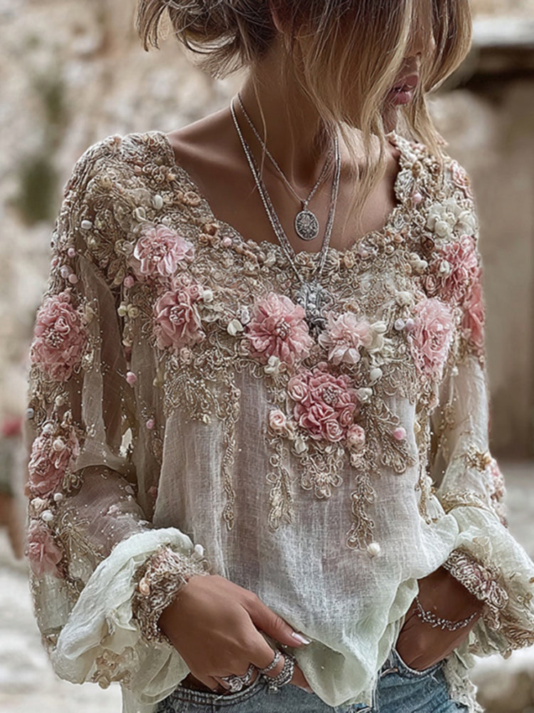 Dámské tričko s dlouhým rukávem a kulatým výstřihem ze směsi lnu