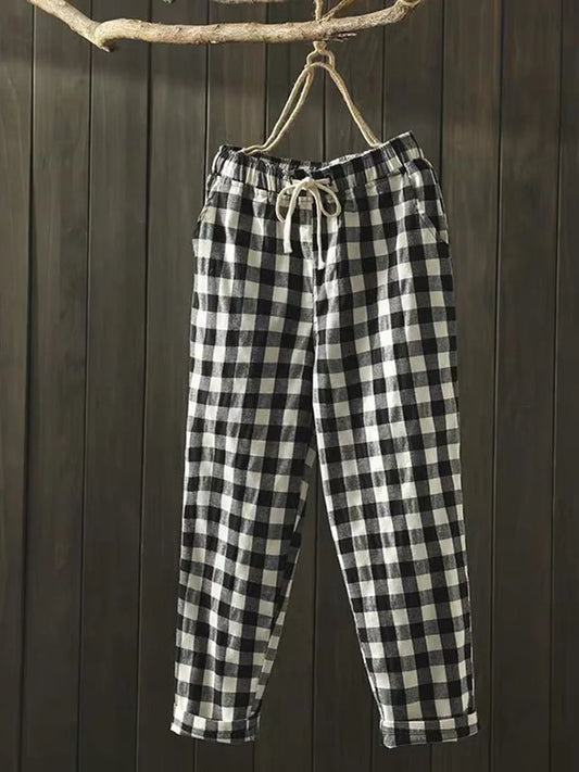 Vintage kostkované kalhoty s elastickým pasem a stahovací šňůrkou