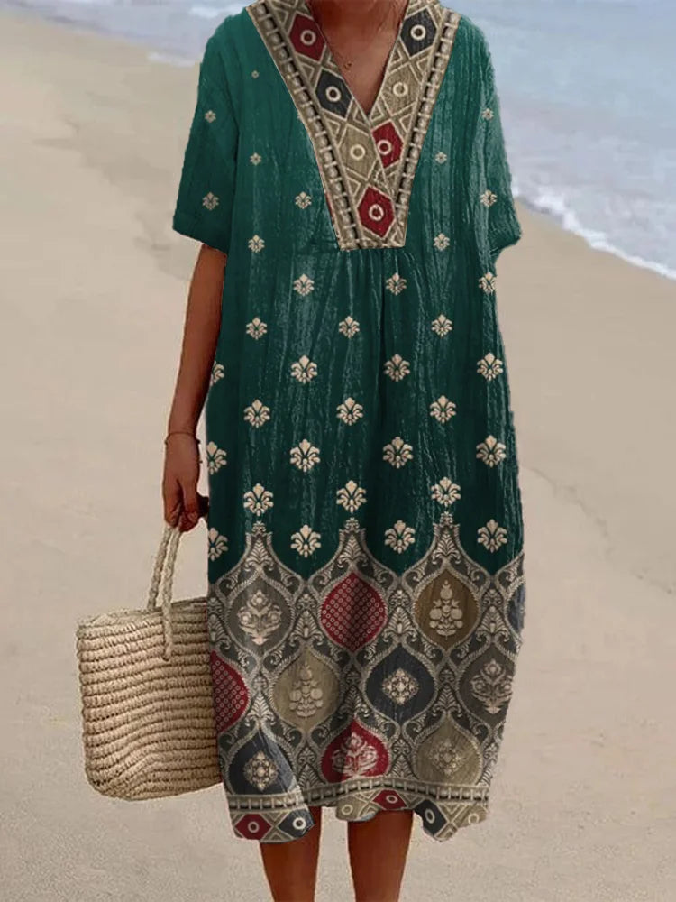 Dámské etnické bohémské květinové šaty ze směsi lnu