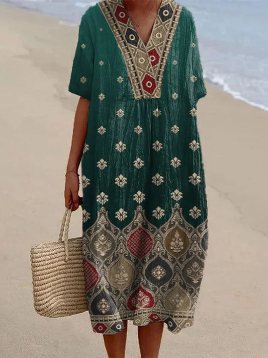 Dámské etnické bohémské květinové šaty ze směsi lnu