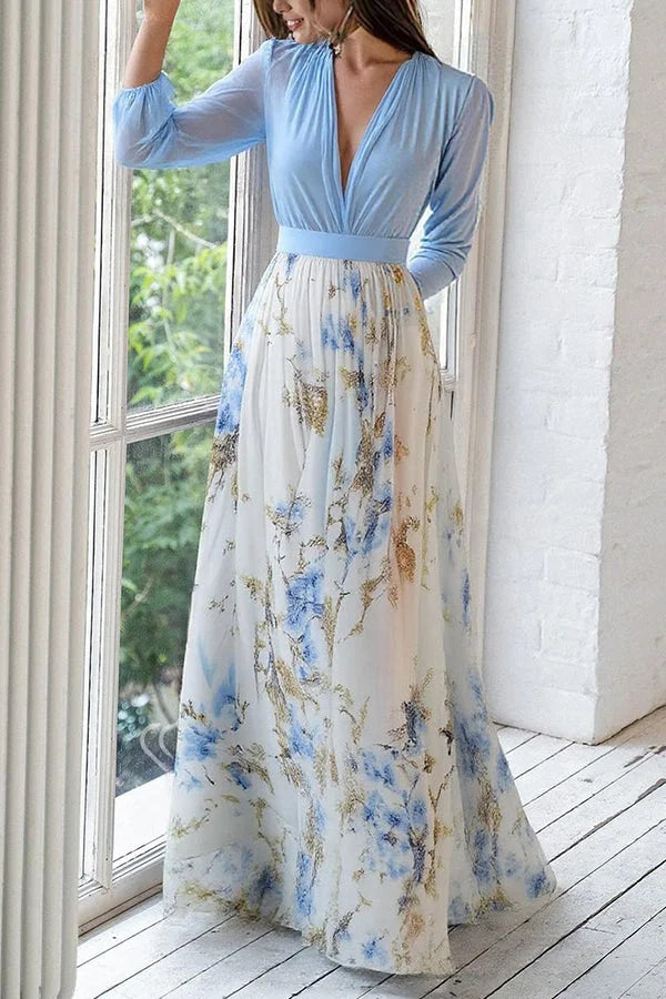 Elegantní dlouhé šaty s květinovým potiskem, výstřihem do V a dlouhými rukávy