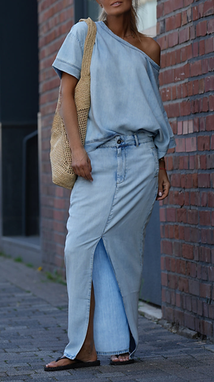 Dámský ležérní džínový oblek z tencelu s kulatým výstřihem