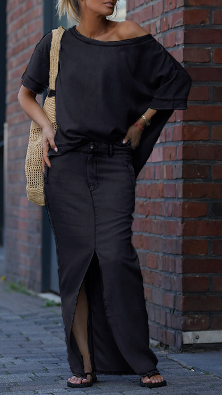 Dámský ležérní džínový oblek z tencelu s kulatým výstřihem