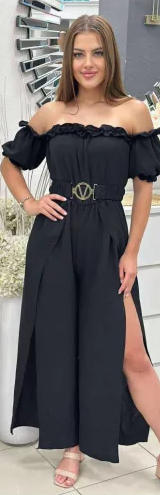 Stylový a moderní dámský overal s volánky a rozparkem na jednom rameni