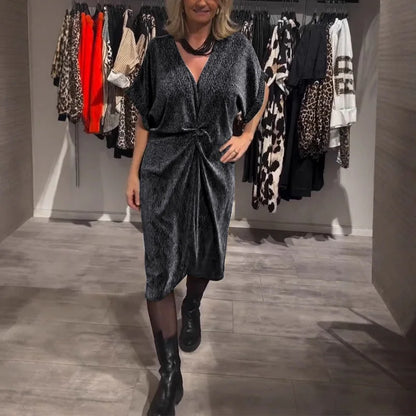 🔥✨Vestido midi elegante com decote em V e glitter para mulher