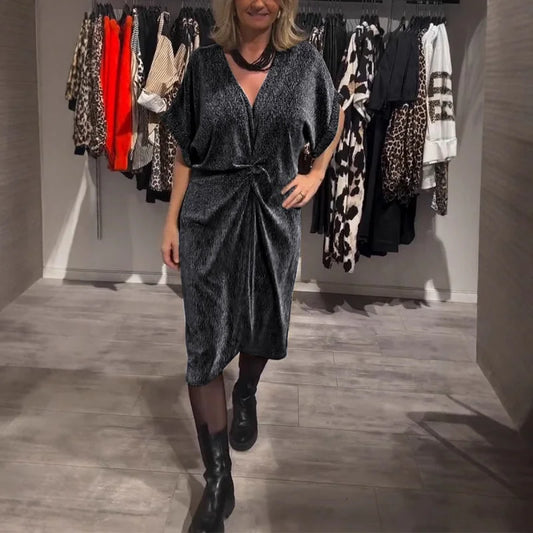 🔥✨Vestido midi elegante com decote em V e glitter para mulher