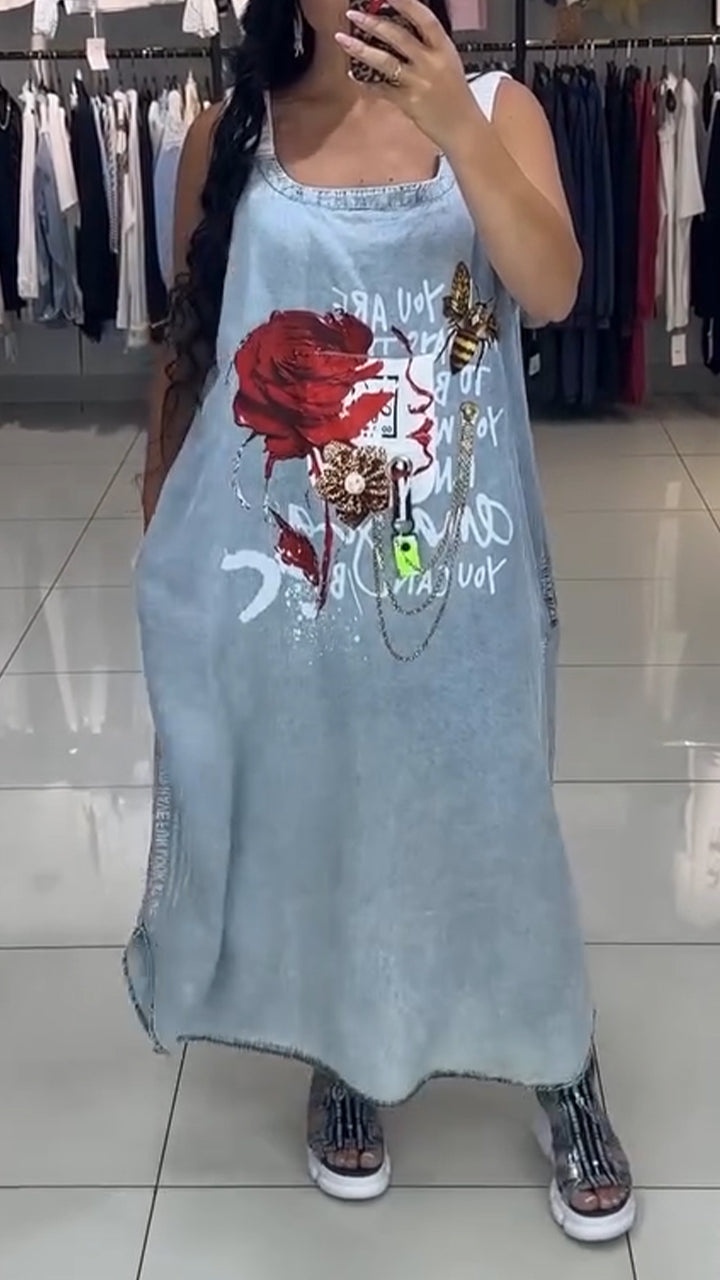 Dámské volné ležérní šaty s výstřihem do U a potiskem Wash Water