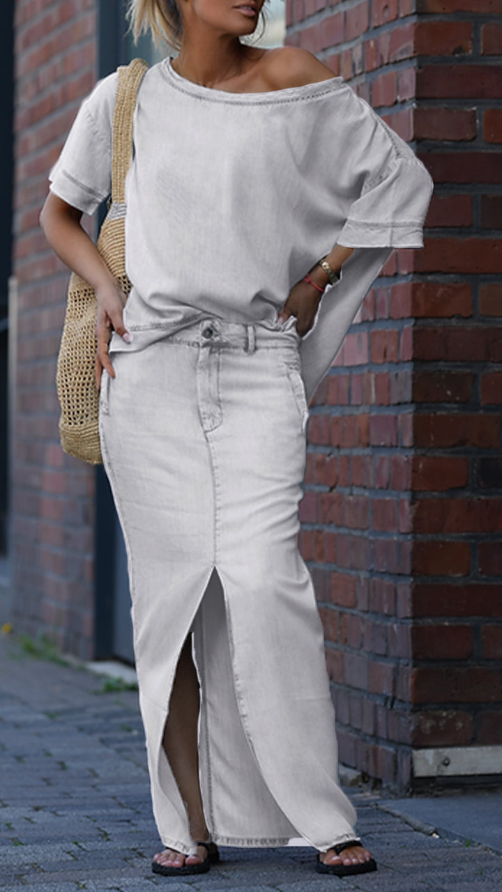 Dámský ležérní džínový oblek z tencelu s kulatým výstřihem