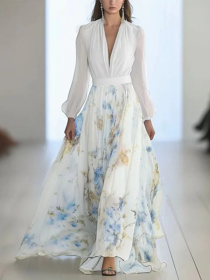 Elegantní dlouhé šaty s květinovým potiskem, výstřihem do V a dlouhými rukávy