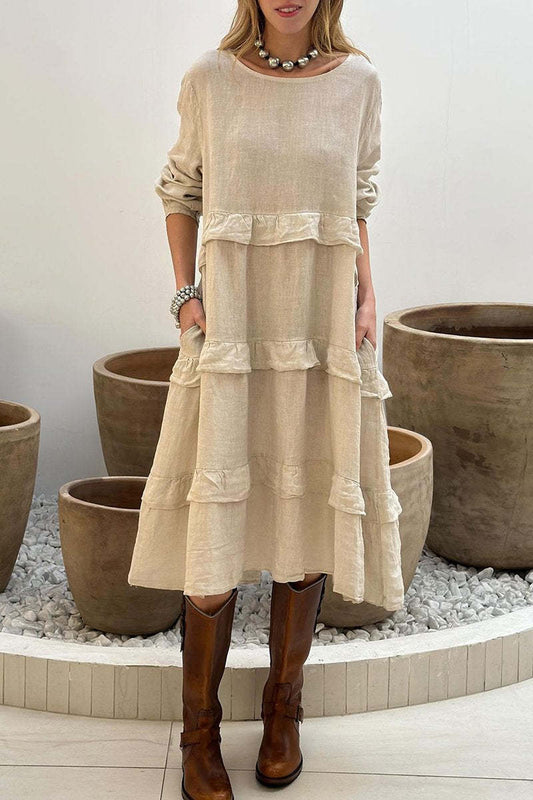 Dámské ležérní šaty z bavlny a lnu s kulatým výstřihem a jednobarevné