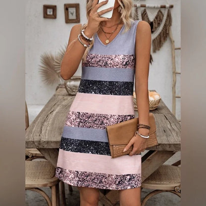 Šaty bez rukávů s výstřihem do V a kontrastní barvou