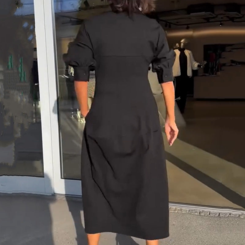 Vestido midi para mulher com decote em V e abas na cintura