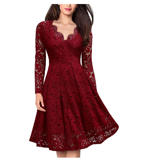 2023 nové dámské elegantní krajkové šaty s výstřihem do V s dlouhým rukávem