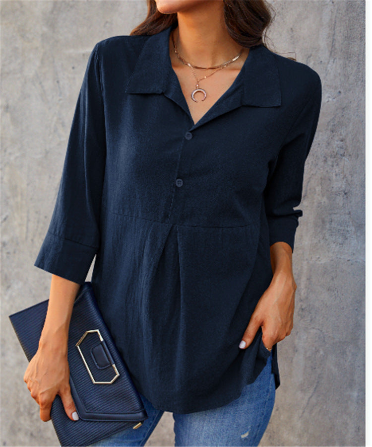 2022 Cotton And Linen Solid Color Lapel Slit Dovetail Three-quarter Sleeve Women’s Shirt