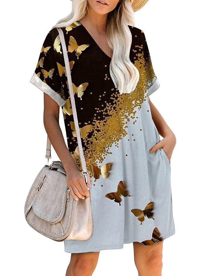 Volné šaty s krátkým rukávem ve tvaru V