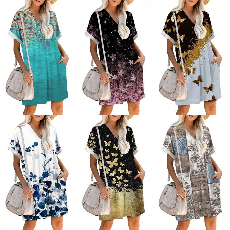 Volné šaty s krátkým rukávem ve tvaru V