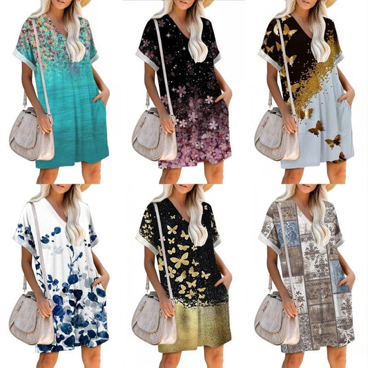 Volné šaty s krátkým rukávem ve tvaru V