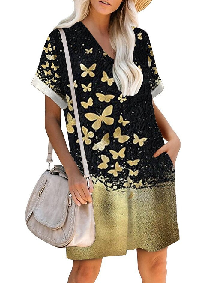 Volné šaty s krátkým rukávem ve tvaru V