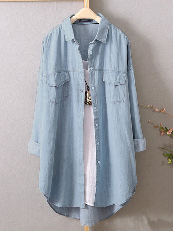 MODRÁ DŽÍNOVÁ KOŠILE Z BAVLNY A LNU VOLNÝ KOŠILOVÝ TOP