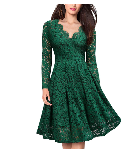 2023 nové dámské elegantní krajkové šaty s výstřihem do V s dlouhým rukávem