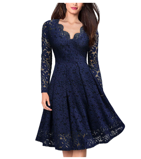 2023 nové dámské elegantní krajkové šaty s výstřihem do V s dlouhým rukávem