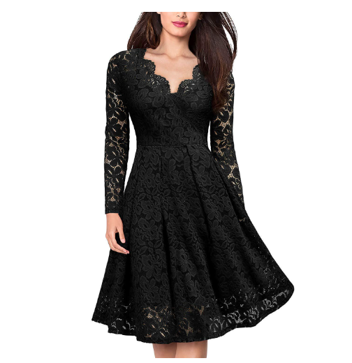 2023 nové dámské elegantní krajkové šaty s výstřihem do V s dlouhým rukávem