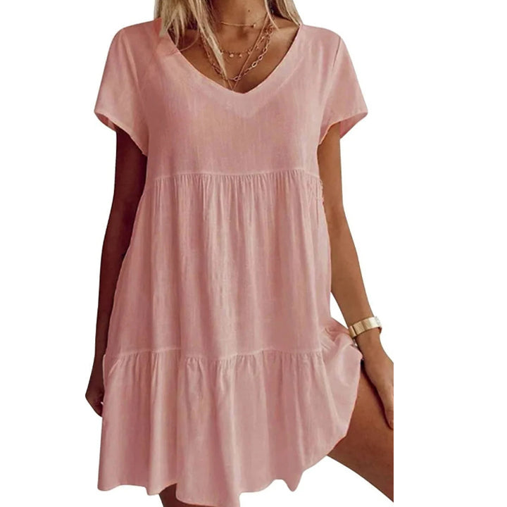 🎁Plus velikost bavlněné směsi V krku ležérní krátké rukávy tkaní šaty