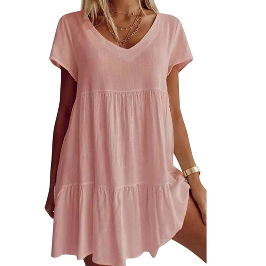 🎁Plus velikost bavlněné směsi V krku ležérní krátké rukávy tkaní šaty