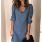 Jednobarevné džínové šaty s výstřihem do V pro volný čas