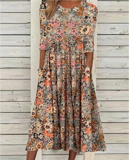 Midi šaty s kulatým výstřihem a květinovým potiskem