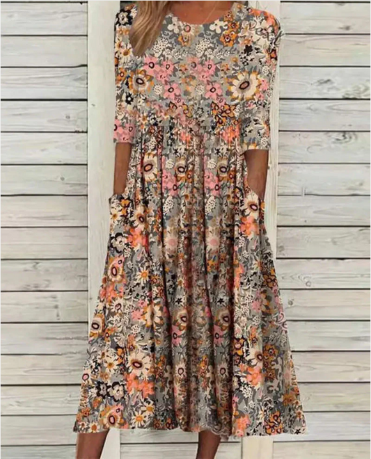 Midi šaty s kulatým výstřihem a květinovým potiskem