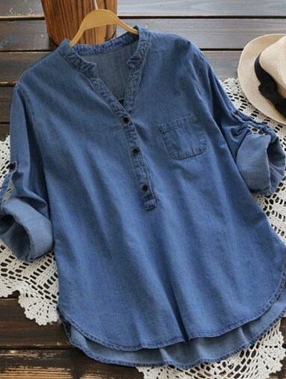 Volná košile z modré džínoviny z bavlny a lnu