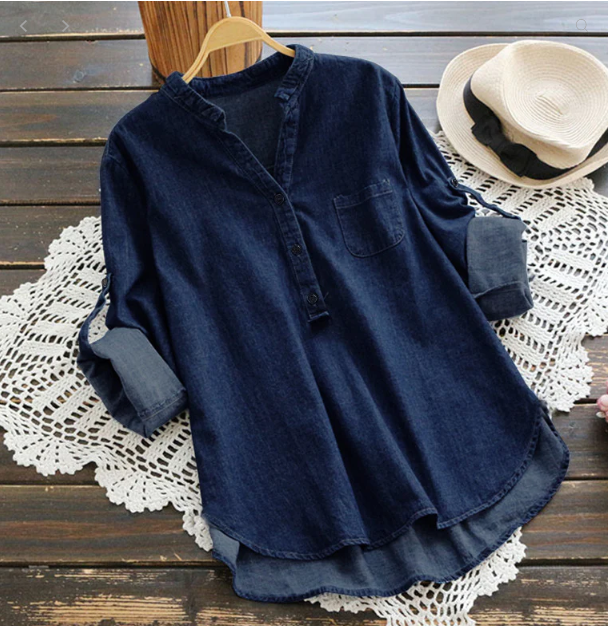 Volná košile z modré džínoviny z bavlny a lnu