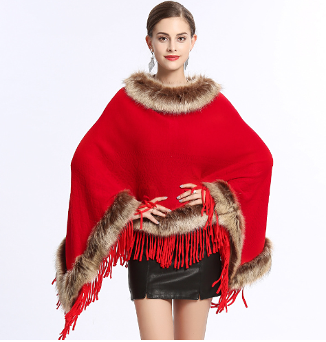 Dámská ležérní oversized kožešinová deka s třásněmi a lemem pončo pláštěnka