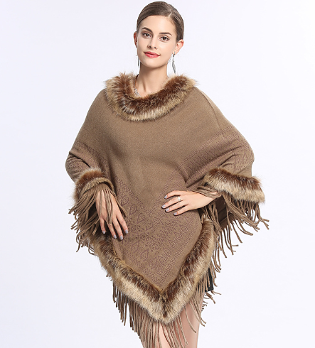 Dámská ležérní oversized kožešinová deka s třásněmi a lemem pončo pláštěnka