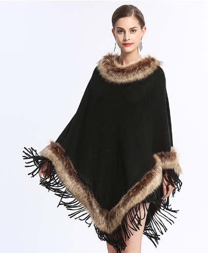 Dámská ležérní oversized kožešinová deka s třásněmi a lemem pončo pláštěnka