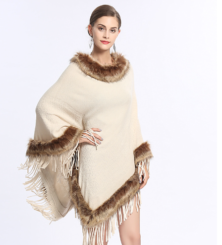 Dámská ležérní oversized kožešinová deka s třásněmi a lemem pončo pláštěnka